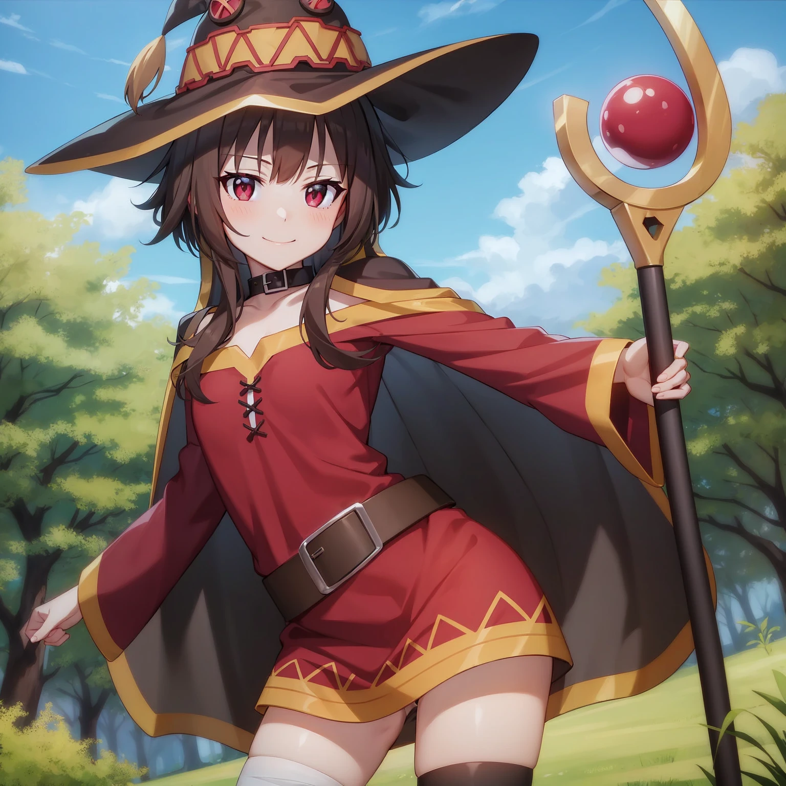 Megumin sitting on a bed smiling