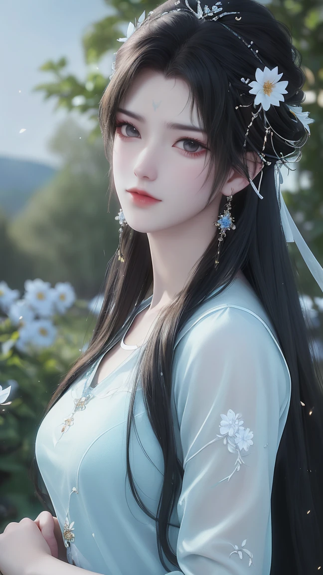 (best quality,ultra-detailed,photorealistic:1.37),vivid colors,studio lighting,beautiful detailed eyes,beautiful detailed lips,extremely detailed eyes and face,long eyelashes,portraits,black hair,confident expression,feminine,standing in a garden,soft sunlight, scenery,flower blossoms,peaceful atmosphere,artistic touch,textured brushstrokes,subtle color variations,brilliant white highlights,delicate movements,graceful pose,slight breeze,rustling leaves,sophisticated style,professional artwork,female beauty.