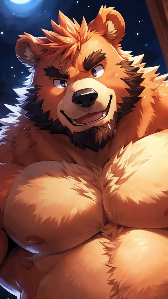 human nature, cannon, male, solitary, ((Round Face, Very plump face, thick beard)), ((endomorph body type, Handsome)), (Topless), ((Bear) Fluffy fur, Fluffy), (In a wooden house), antiquity，High quality，Bokeh, (high quality, high resolution, masterpiece), (Dynamic Lighting, Vibrant colors), (Generous smile), (Face focus), Front view (close up), cartoon, author：Takemoto Arashi, by zixiong, author：Chunni, author：Empty Ghost