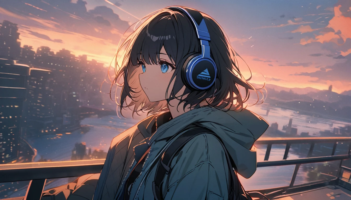 Black short hair, blue eyes, girl wearing headphones,Traveling,One girl,relax,The background is dusk