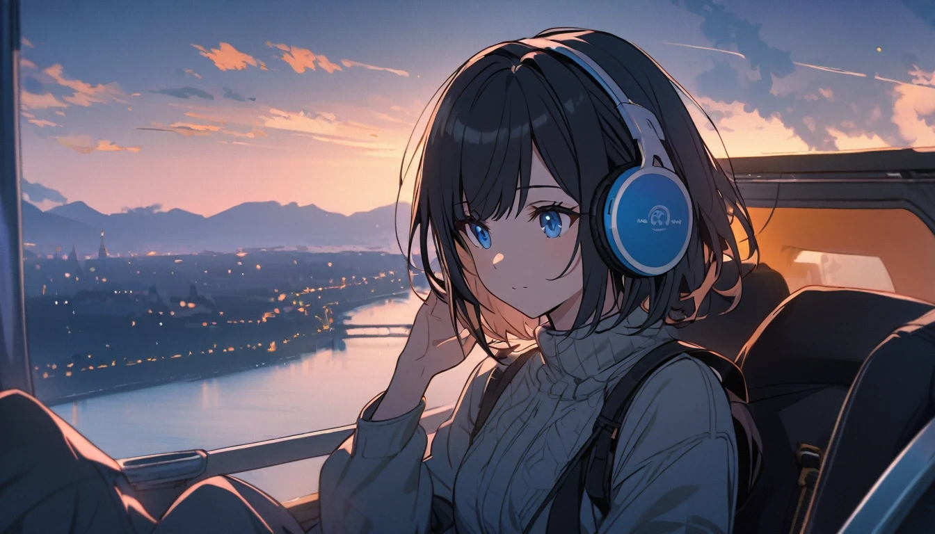 Black short hair, blue eyes, girl wearing headphones,Traveling,One girl,relax,The background is dusk