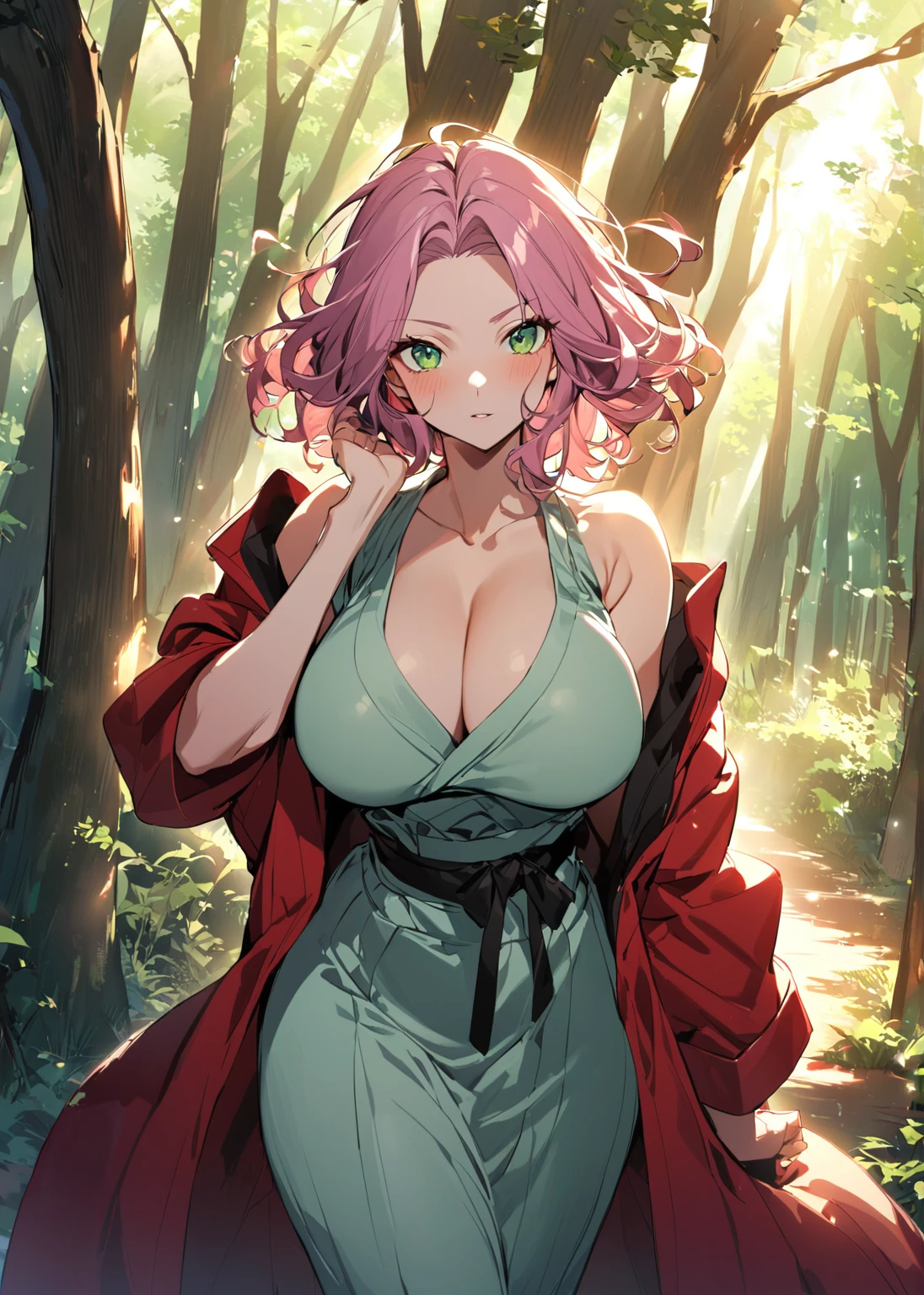( The most beautiful masterpiece , Beautiful light , woman ) Kanroji Mitsuri, Kimetsu no Yaiba , green eyes , pink hair green , Single person pic , Light purple yukata , red coat, In the forest , Show the evening sun, Big hips , big breasts