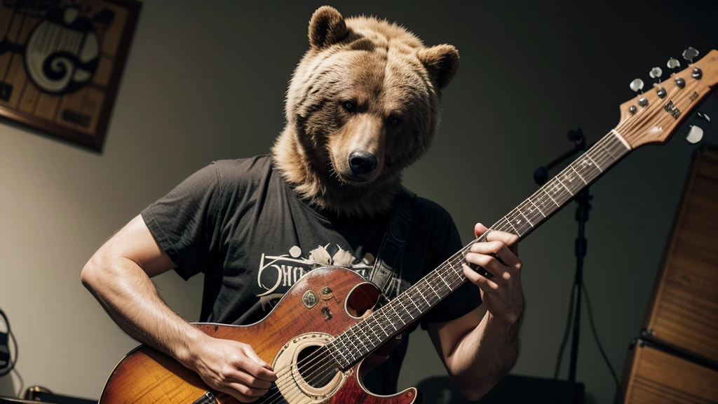 Imagine a captivating t-shirt design featuring a bear rocking out on a guitar, exuding charisma and musical flair. Picture the bear with a cool, laid-back attitude, strumming the guitar with passion against a backdrop that complements its wild and playful nature. The design should capture the essence of both strength and creativity, blending intricate details of the bear's fur and the guitar strings to showcase craftsmanship and artistry. Incorporate a touch of whimsy and humor, making it appealing to music enthusiasts and those who appreciate unique and memorable designs. This concept celebrates the fusion of wildlife charm with the universal language of music, creating a standout piece for your brand that sparks curiosity and admiration.