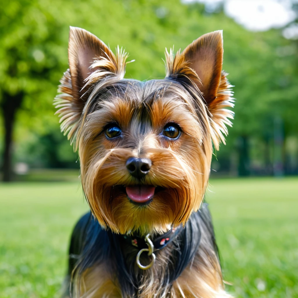 masterpiece, best quality, uhd, a picture of a yorkshire terrier face, in a park, focus