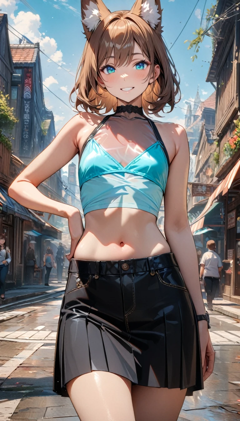 Grown-up girl, long brown hair, fox ears, turquoise eyes, smile, transparent top, open belly, sleeveless, flat chest, skirt, black skin, Masterpiece, best quality, Full HD, 8k, ultra details, great graphic