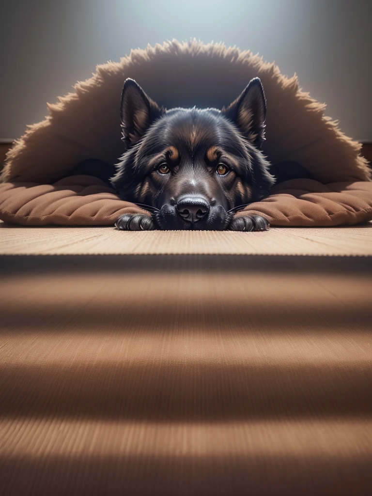 a German Shepherd, Detailed fur structure, lying in the dog bed in the living room, (best quality,4K,8k,highres,masterpiece:1.2),Ultra-detail,(realisti,photorealisti,photo-realisti:1.37),Film composition,Atmospheric color palette,depth of field,Professional 3D rendering