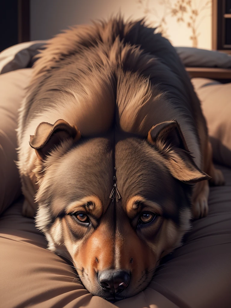 a German Shepherd, Detailed fur structure, lying in the dog bed in the living room, (best quality,4K,8k,highres,​masterpiece:1.2),Ultra-detail,(realisti,photorealisti,photo-realisti:1.37),Film composition,Atmospheric color palette,depth of field,Professional 3D rendering