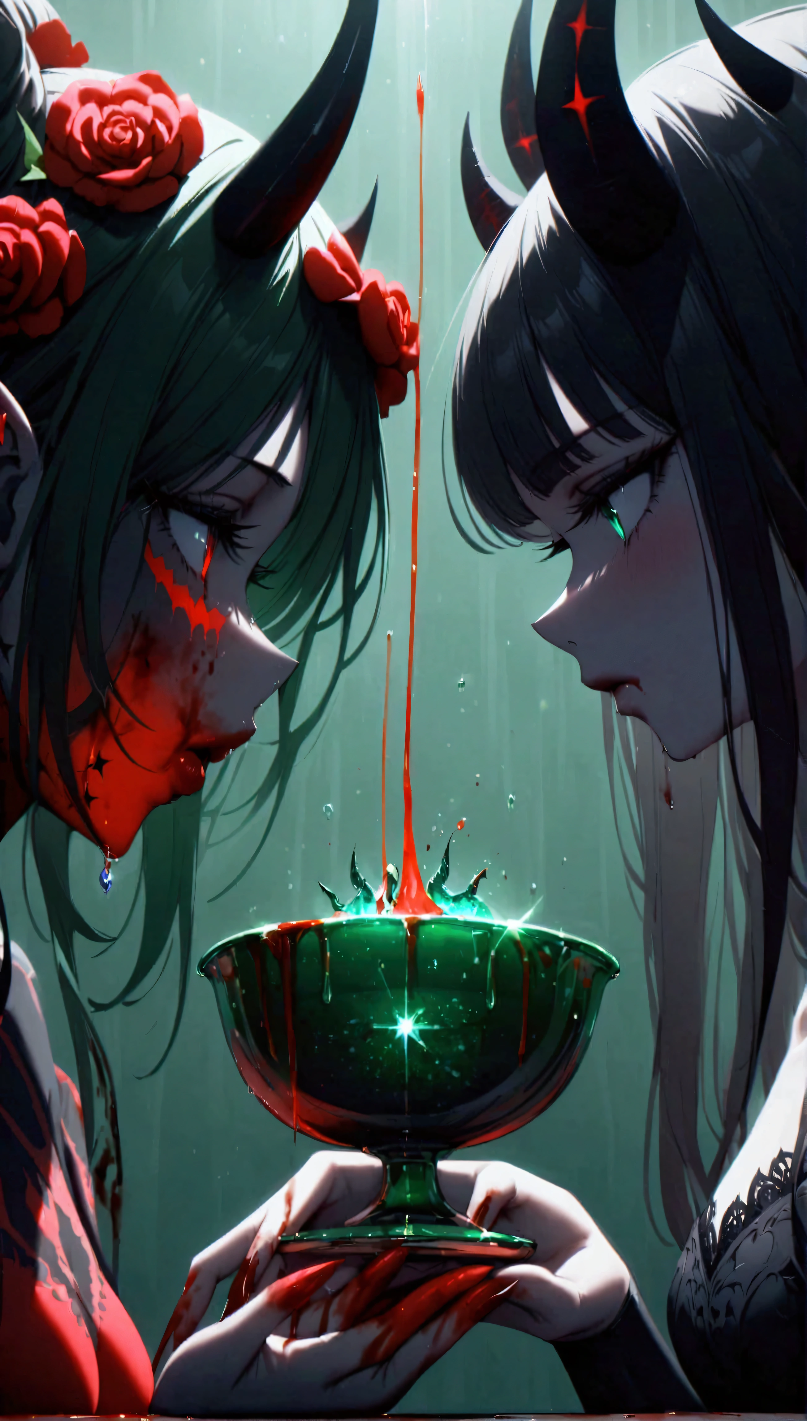 (blood sacrifice:1.5),(far profile:1.1),(emerald cup:1.2),(1 black demon),vomiting blood into the cup,1 beautiful girl and 1 black demon, pact with the devil, witch with demon,