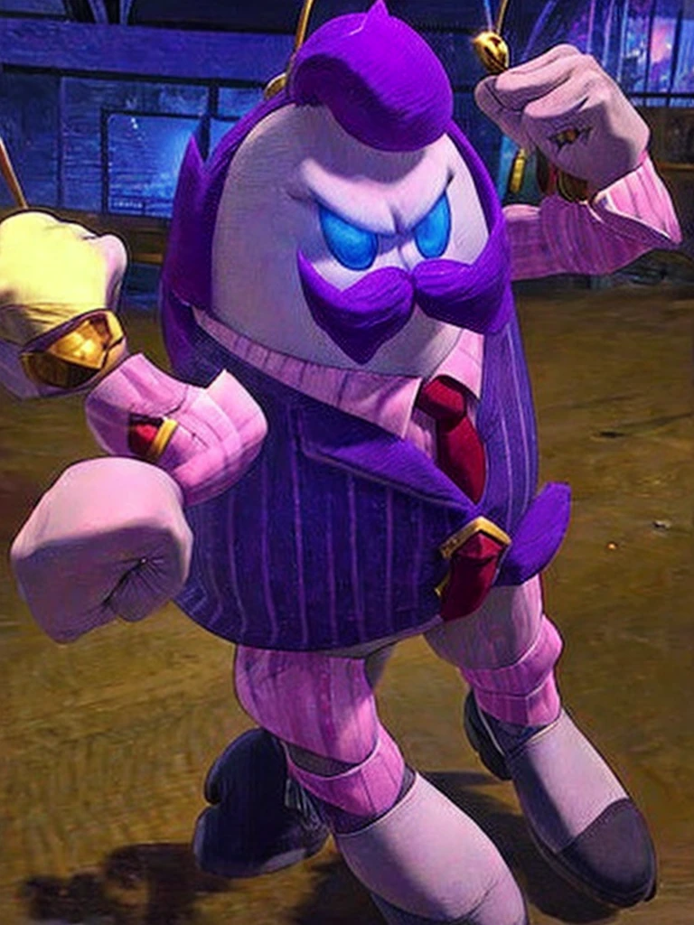 Full view of a haltmann, angry look, purple hair, purple mustache, rond body, arms and hands, dressed in a dark blue suit with pink vertical lining, pink shirt, red tie, hands, black shoes, cufflink on the arm, gold suit button with a red diamond, pale purple skin , blue eyes, golden earpiece with antenna