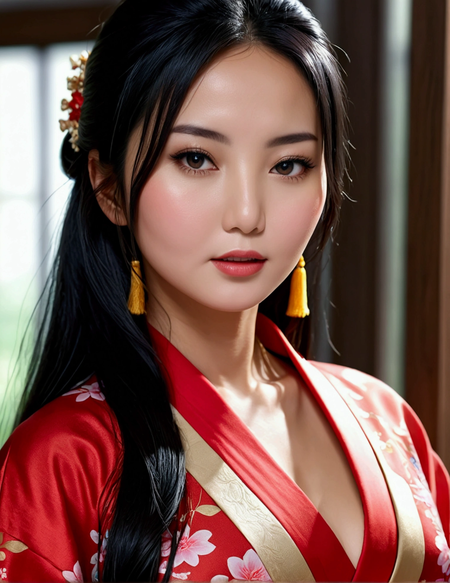 ((Best quality, 8k, Masterpiece :1.3)), Image of a Malay pretty girl superidol. Long black hair:1.3. (Beautiful Malay girl in kimono), ((red kimono)). Big breasts:1.3, close up cleavage. ((Bare shoulders _depth of field)), atmospheric perspective, Volumetric lighting, Clear focus, absurd resolution, Realistic proportions, Good anatomy, (realistic,Hyper-realistic:1.37), 16K HD, INFO. ((office background)), 32k