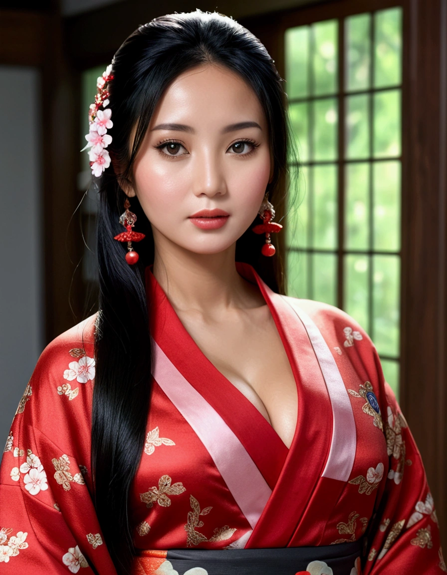 ((Best quality, 8k, Masterpiece :1.3)), Image of a Malay pretty girl superidol. Long black hair:1.3. (Beautiful Malay girl in kimono), ((red kimono)). Big breasts:1.3, close up cleavage. ((Bare shoulders _depth of field)), atmospheric perspective, Volumetric lighting, Clear focus, absurd resolution, Realistic proportions, Good anatomy, (realistic,Hyper-realistic:1.37), 16K HD, INFO. ((office background)), 32k