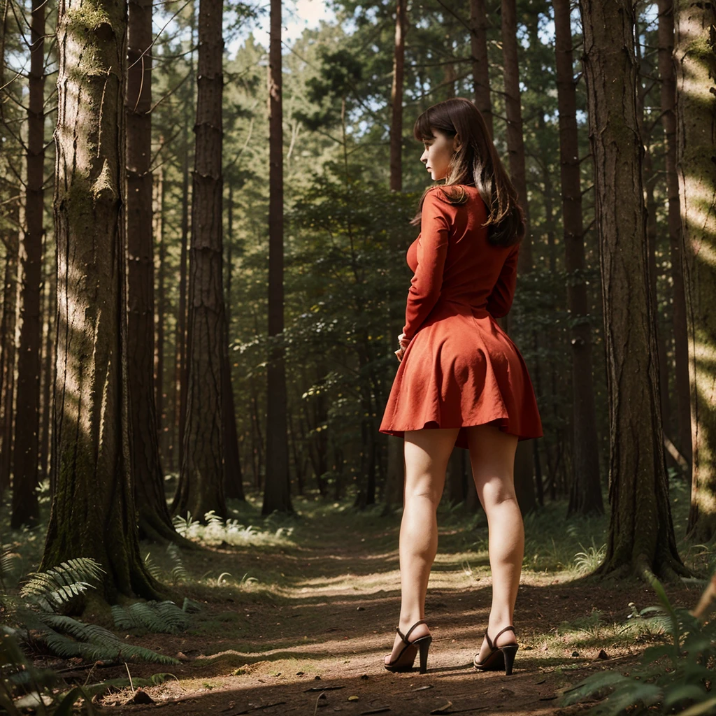 Cartoon character, 1 girl with a red dress, standing in the forest, who can talk to animals