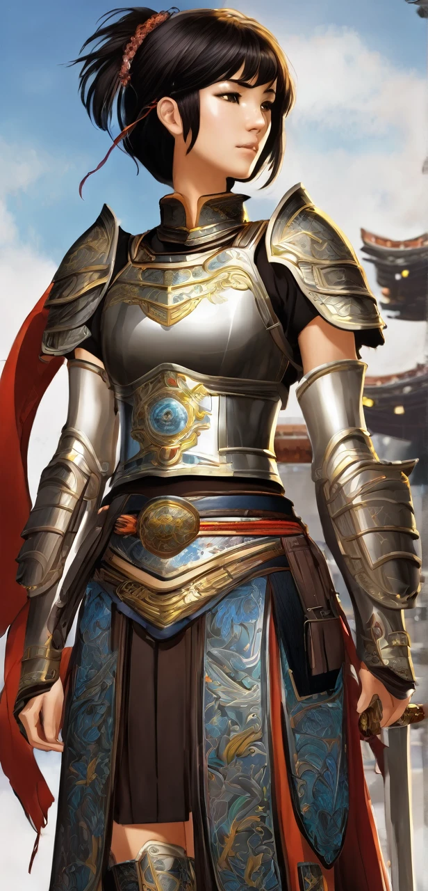 Hayase a female warrior with black short hair and brown eyes in complete armor large very beautiful and detailed