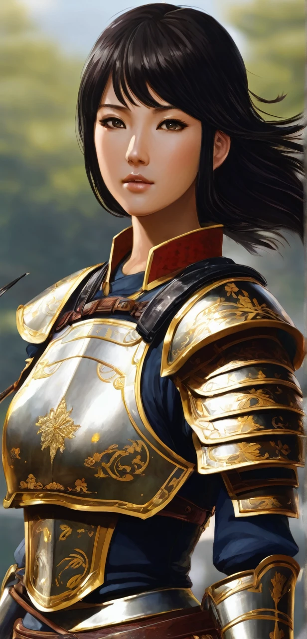Hayase a female warrior with black short hair and brown eyes in complete armor large very beautiful and detailed