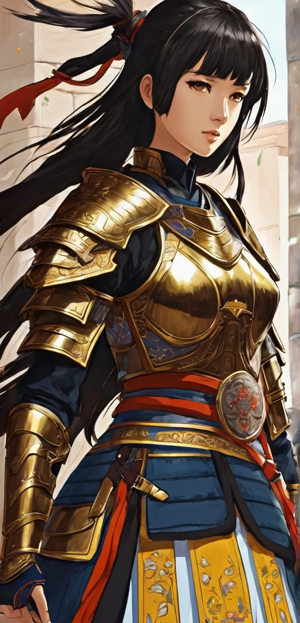 Hayase a female warrior with black short hair and brown eyes in complete armor large very beautiful and detailed