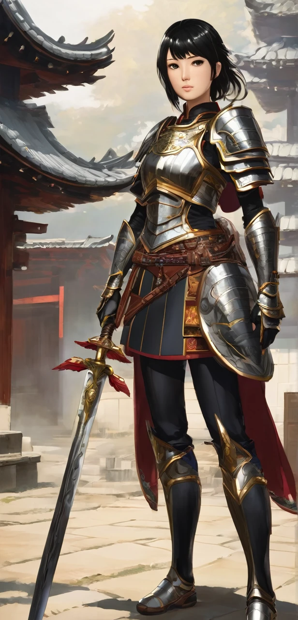 Hayase a female warrior with black short hair and brown eyes in complete armor large very beautiful and detailed 