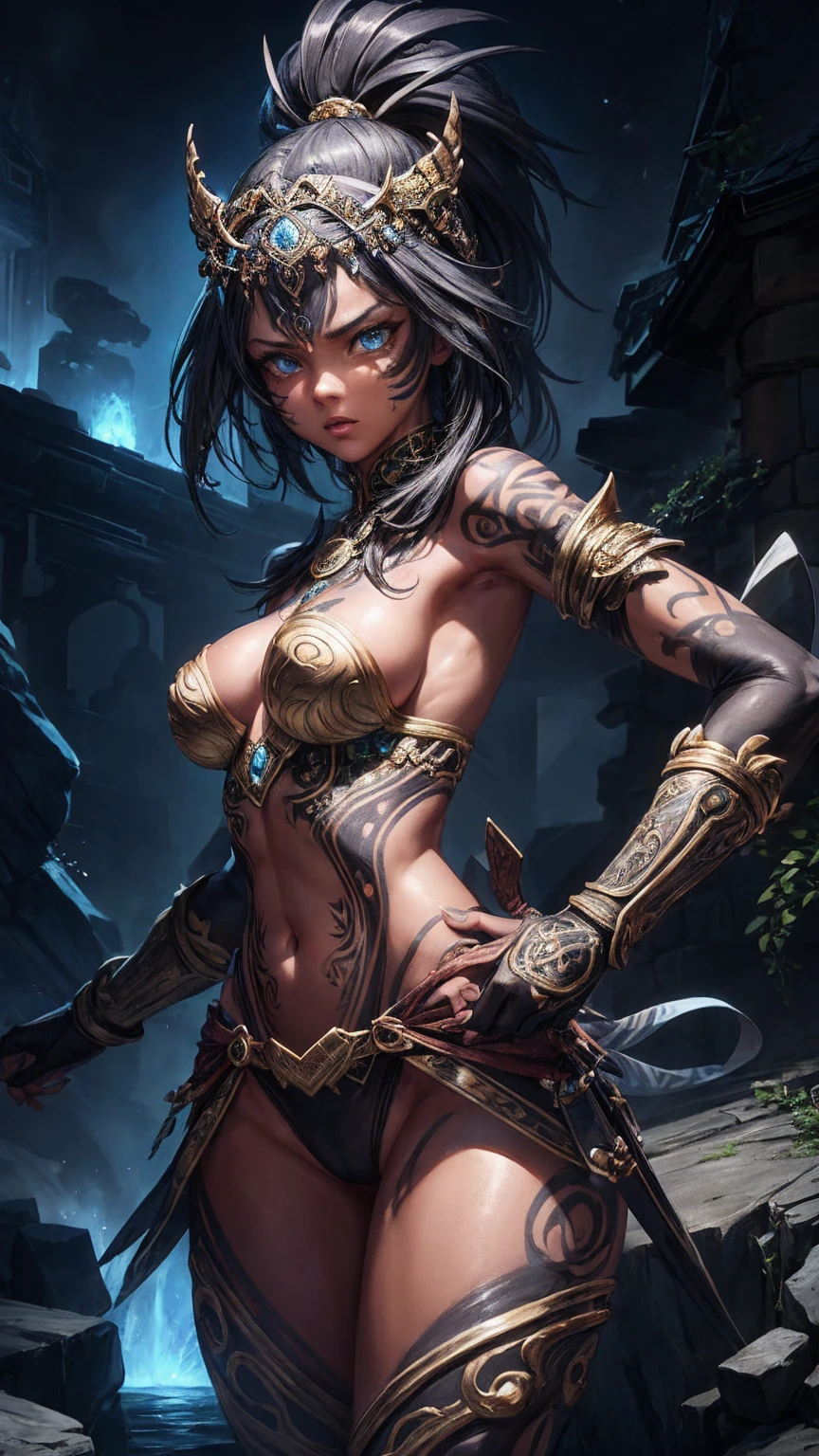 woman, ancient tribal warrior, tiny lowleg panties,combat stance, facepaint, bodypaint, sexy, busty breasts, highly detailed, vibrant appearance, creative behavior, extremly detailed, imaginative, sensual, spontaneous, highest quality, skin texture, intricate details, (cinematic lighting), RAW photo, 8k, masterpiece,best quality,ultra-detailed,very detailed illustrations,extremely detailed,intricate details,highres,super complex details,extremely detailed 8k cg wallpaper,