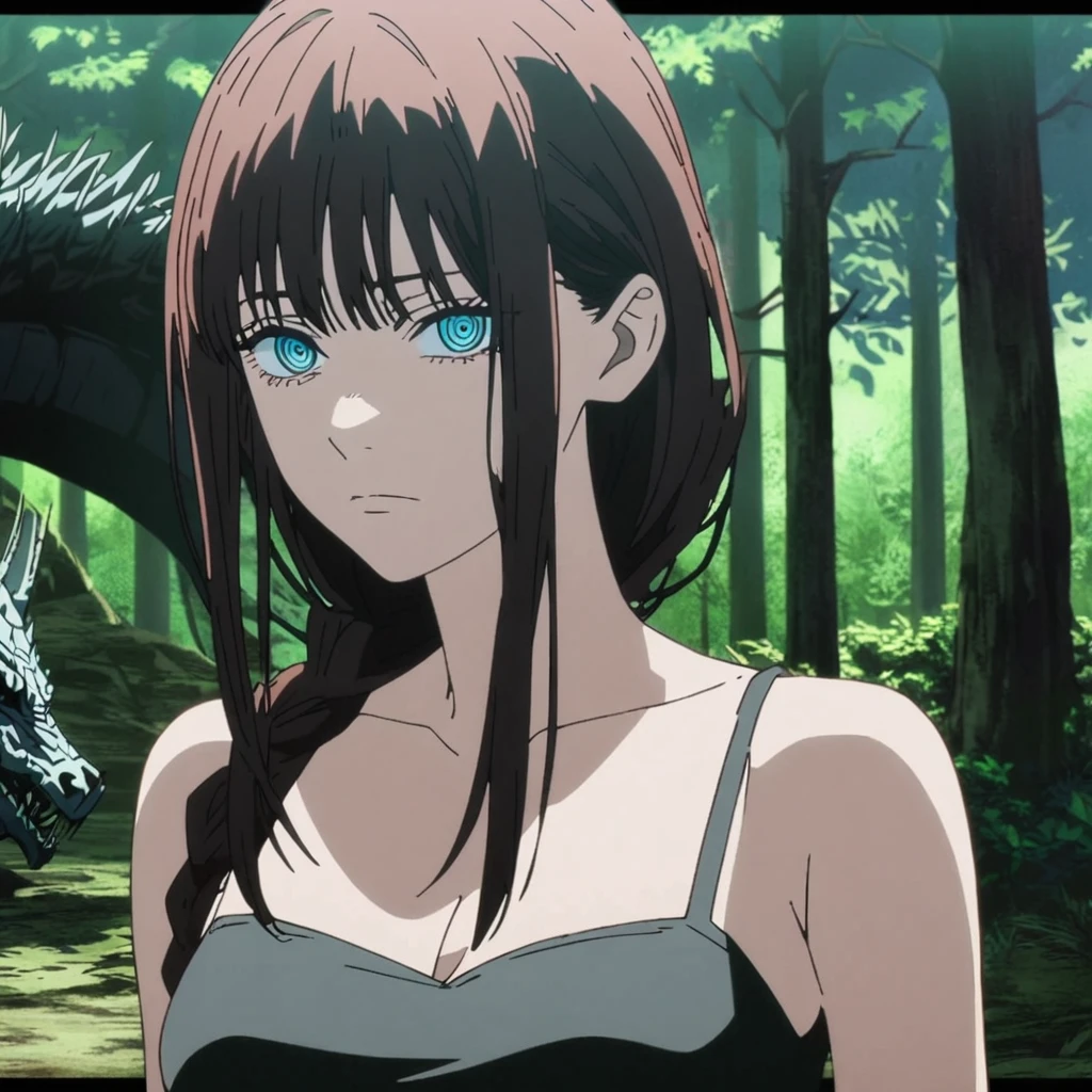 1girl, makima , (makima from Chainsaw man), (anime screen cap), (chainsaw man art style) ((black_hair colour)), breasts, dress, looking_at_viewer, (long_hair, straight hair), dragon, ringed_eyes, black_dress, cleavage, (blue_eyes), bangs, scar, nature, outdoors, tree, solo, upper_body, forest, sleeveless, expressionless, closed_mouth, sleeveless_dress, scar_on_face, bare_shoulders, ((black colour hair))
