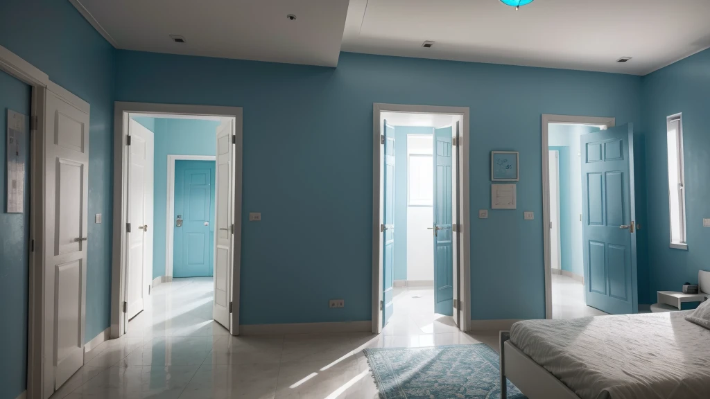 make a long hospital wall with large colorful geometric designs in shades of blue ((no reliefs)) om the doors of the rooms