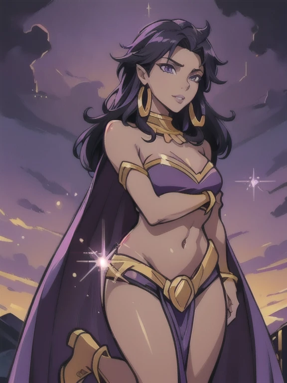 Fantasy style, Fantasy environment, A beautiful young sorceress (1 girl), dark-skinned female, with long purple flowing hair, purple eyes, purple iris, mascaras purple eyeshadow, smile, purple lipstick, medium breasts, ((Wearing: golden ringed earrings, purple cape, purple strapless top, purple loincloth, golden armlets, golden boots)), looking mature and alluring at 28 years old, (detailed eyes, detailed lips, extremely detailed face), both hands glowing bright purple, purple magic, bright purple sparks in both hands, intricate detailed portrait, photo realistic, 8k, highly detailed, cinematic lighting, warm color palette, castle ruins background, detailed foliage, golden hour lighting, dramatic lighting, dramatic pose, sensual, alluring, captivating gaze, masterpiece, (Night time, ethereal and magical atmosphere, outdoors, dark clouds in the sky, purple lighting, purple and magenta aroura's in the surroundings, gorgeous view of the mountains)
