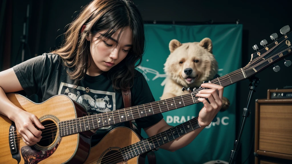 Imagine a captivating t-shirt design featuring a bear rocking out on a guitar, exuding charisma and musical flair. Picture the bear with a cool, laid-back attitude, strumming the guitar with passion against a backdrop that complements its wild and playful nature. The design should capture the essence of both strength and creativity, blending intricate details of the bear's fur and the guitar strings to showcase craftsmanship and artistry. Incorporate a touch of whimsy and humor, making it appealing to music enthusiasts and those who appreciate unique and memorable designs. This concept celebrates the fusion of wildlife charm with the universal language of music, creating a standout piece for your brand that sparks curiosity and admiration.
