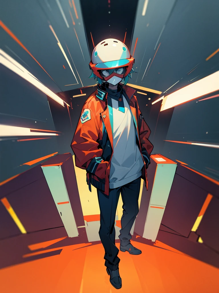 Male, ager, wearing full-face DJ helmet with tinted visor, head covered by helmet, standing at attention, hands in pockets, fully in frame, full body shot, lone figure, sole person, Zombie Land Saga style