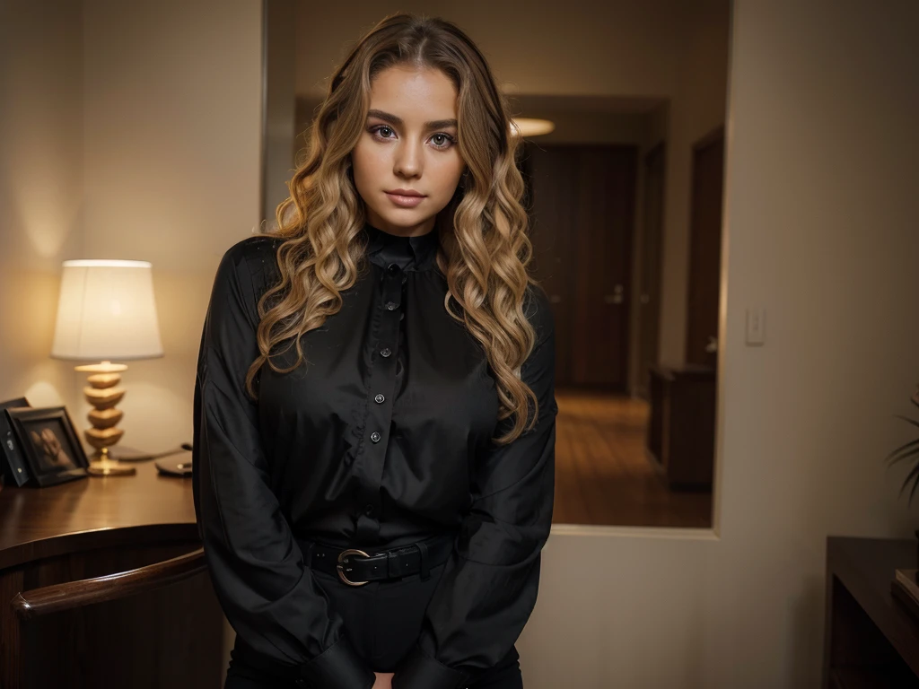 (a beautiful woman). (hair with blonde highlights spiral curly hair). She is 30 years old. She wears a sleek black blouse and sophisticated black pants. well-groomed and realistic hands. Extremely realistic photo, 8k quality. She has perfect eyes