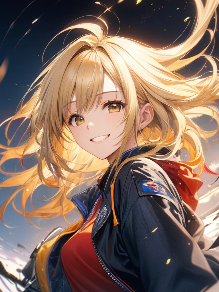 (masterpiece:1.2), (best quality),(ultra detailed),(extremely detailed),(absolutely resolution) ,absurdres,8k,
BREAK, 1girl, 独奏, gradation hair, messy hair,Blonde Hair Color、 grin, jitome,