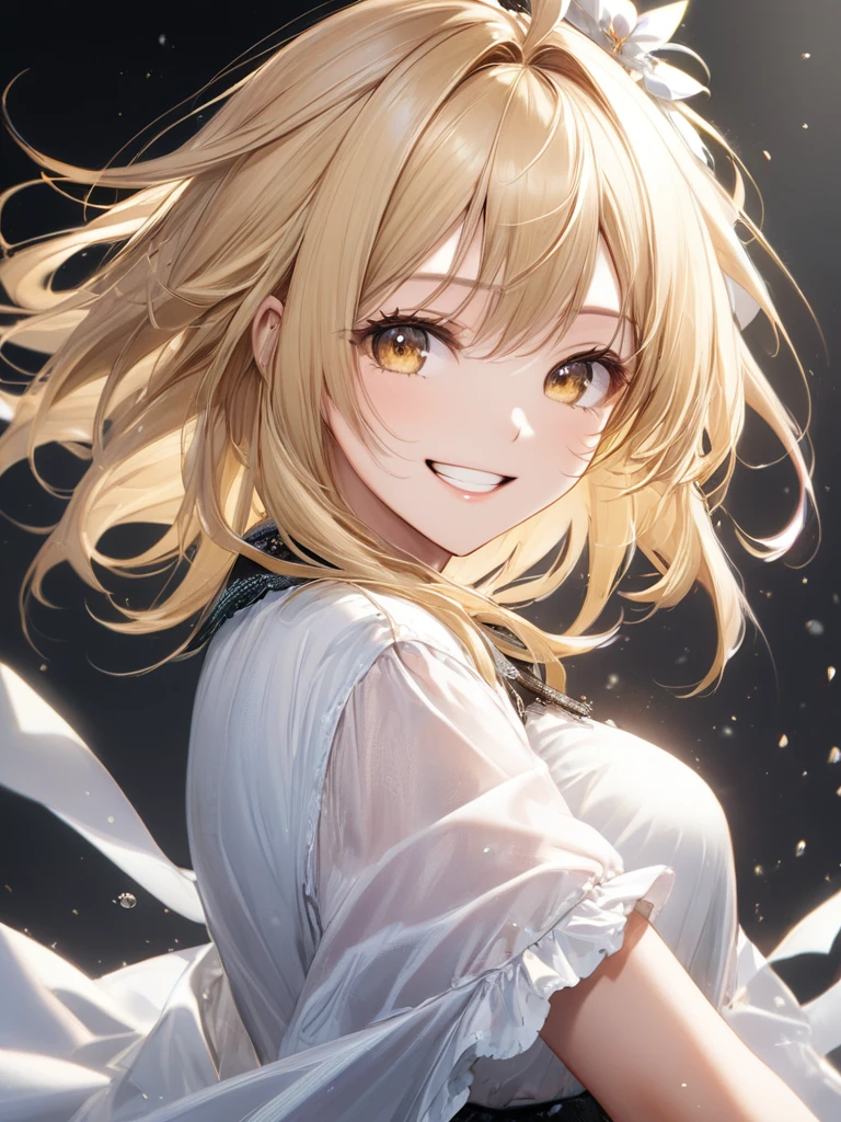 (masterpiece:1.2), (best quality),(ultra detailed),(extremely detailed),(absolutely resolution) ,absurdres,8k,
BREAK, 1girl, 独奏, gradation hair, messy hair,Blonde Hair Color、 grin, jitome,