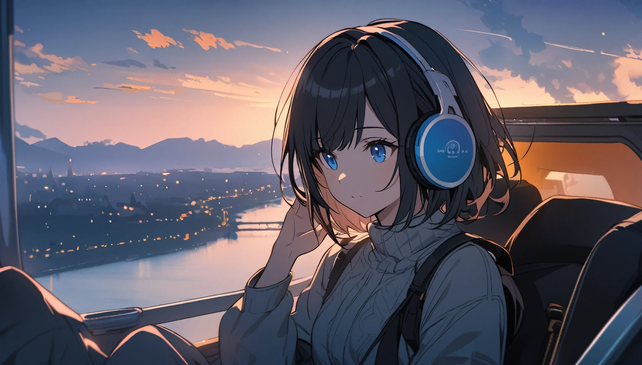 Black short hair, blue eyes, girl wearing headphones,Traveling,One girl,relax,The background is dusk