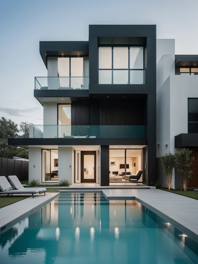arafed view of a modern house with a pool and lounge chairs, a digital rendering by Seb McKinnon, shutterstock, conceptual art, modern house, modern architecture design, luxury architecture, contemporary house, modern architecture, modern design, modern minimal design, ultra modern, large modern residence, modern setting, futuristic house, luxury lifestyle, contemporary design