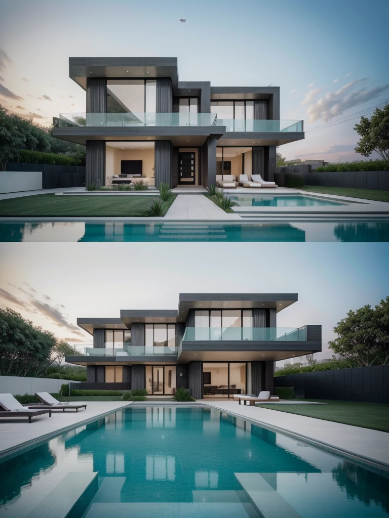 arafed view of a modern house with a pool and lounge chairs, a digital rendering by Seb McKinnon, shutterstock, conceptual art, modern house, modern architecture design, luxury architecture, contemporary house, modern architecture, modern design, modern minimal design, ultra modern, large modern residence, modern setting, futuristic house, luxury lifestyle, contemporary design