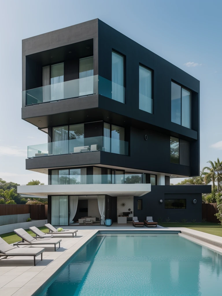 arafed view of a modern house with a pool and lounge chairs, a digital rendering by Seb McKinnon, shutterstock, conceptual art, modern house, modern architecture design, luxury architecture, contemporary house, modern architecture, modern design, modern minimal design, ultra modern, large modern residence, modern setting, futuristic house, luxury lifestyle, contemporary design