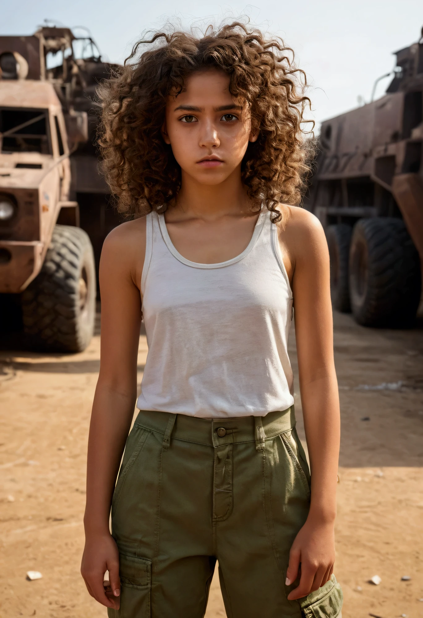 ((best quality)), ((masterpiece)), (detaile), A age girl with curly brown hair | brown eyes with almond shapes, She is Latina and has tanned brown skin | his clothes are typical of clothes worn by young people in dystopian universes, a dirty and slightly torn tank top; a pair of green cargo pants too suha| She is tired, with a neutral expression looking towards a huge installation on fire.