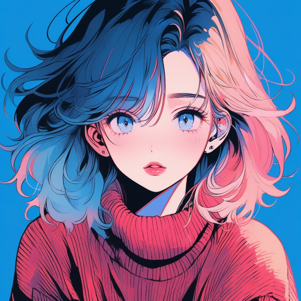 Illustrator, Anime , Realistic ,sketch , 1girl in, ,lip, Sweaters,order, Blue gradient background, Neon Hair,textured crop, Canadian, (masutepiece,Best Quality)