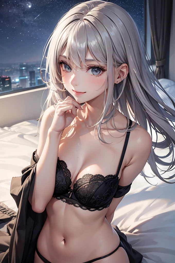 Best Quality,High resolution,8k,finelity detailed background,Masterpiece:1.2),beautiful girl,Glossy romance gray hair,asymmetrical hair,Gray eyes,Gentle look,A refreshing look,smile,Best quality,Best Quality,Aesthetic and aesthetic:1.2,Best details((Super detailed))(High-definition CG illustrations),Upper Body,Dark grey underwear,Slender body,night,moon,Bedroom,On the bed,smile,blush,cute,Scrounge,Looking up,Being spoiled,super model,wariza,shoot from,above
