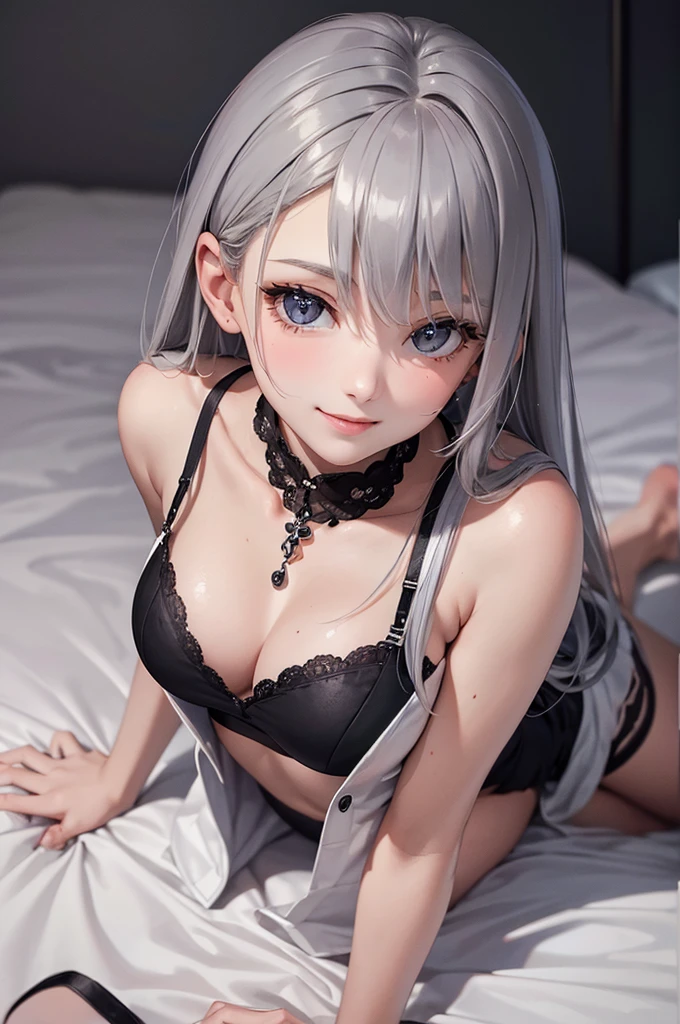 Best Quality,High resolution,8k,finelity detailed background,Masterpiece:1.2),beautiful girl,Glossy romance gray hair,asymmetrical hair,Gray eyes,Gentle look,A refreshing look,smile,Best quality,Best Quality,Aesthetic and aesthetic:1.2,Best details((Super detailed))(High-definition CG illustrations),Upper Body,Dark grey underwear,Slender body,night,moon,Bedroom,On the bed,smile,blush,cute,Scrounge,Looking up,Being spoiled,super model,wariza,shoot from,above