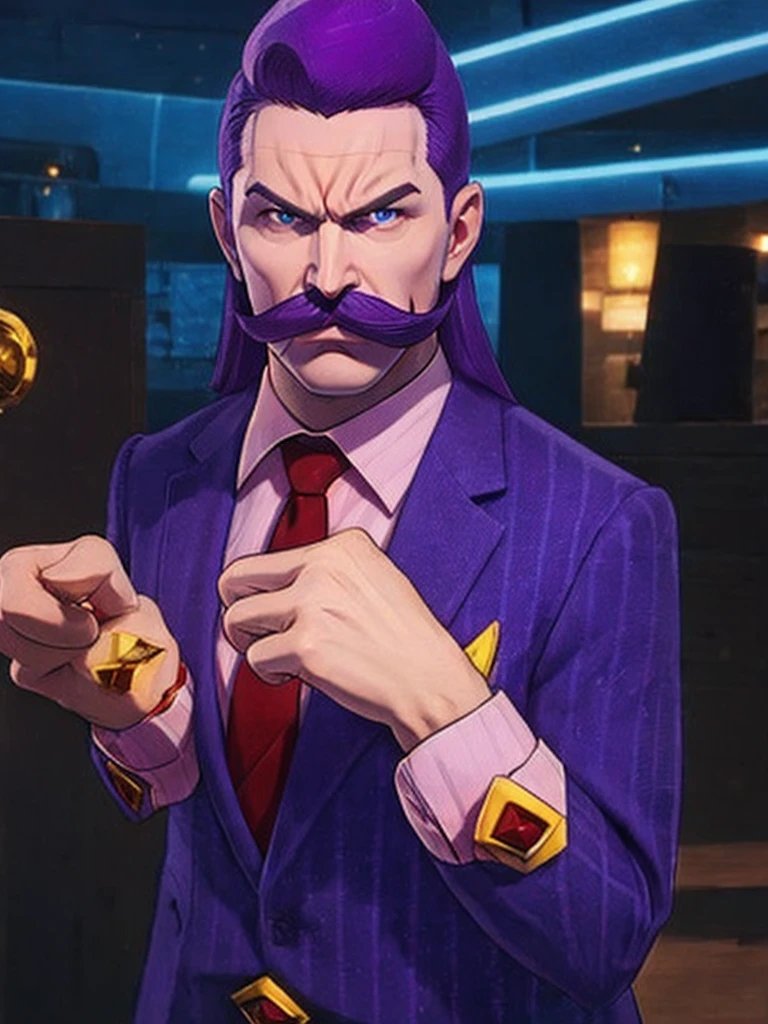 Full view of a haltmann, angry look, purple hair, purple mustache, rond body, arms and hands, dressed in a dark blue suit with pink vertical lining, pink shirt, red tie, hands, black shoes, cufflink on the arm, gold suit button with a red diamond, pale purple skin , blue eyes, golden earpiece with antenna