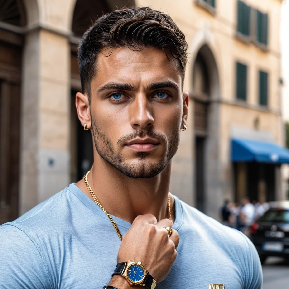 A photorealistic of a 27-year-old Italian man with piercing blue eyes, a fit muscular body, wearing stylish streetwear inspired by the world of finance. He should be adorned with a gold watch and rings, exuding wealth and luxury. The image should be a close-up shot, focused on highlighting the intricate details of his appearance and lifestyle.