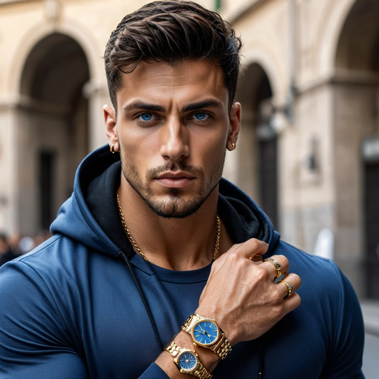 A photorealistic of a 27-year-old Italian man with piercing blue eyes, a fit muscular body, wearing stylish streetwear inspired by the world of finance. He should be adorned with a gold watch and rings, exuding wealth and luxury. The image should be a close-up shot, focused on highlighting the intricate details of his appearance and lifestyle.