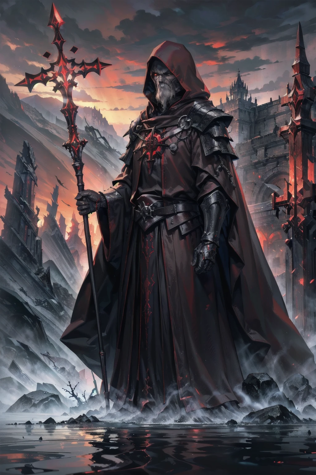 Masterpiece, Superior image quality, high resolution, 4k image, Dark Priest, An older adult man, tall, Delgado, hooded, face hidden by the hood, crimson tunic, Wields a long staff with encrusted campaigns, standing on the shore of a lake, gloomy lake, at night, crimson sky, 