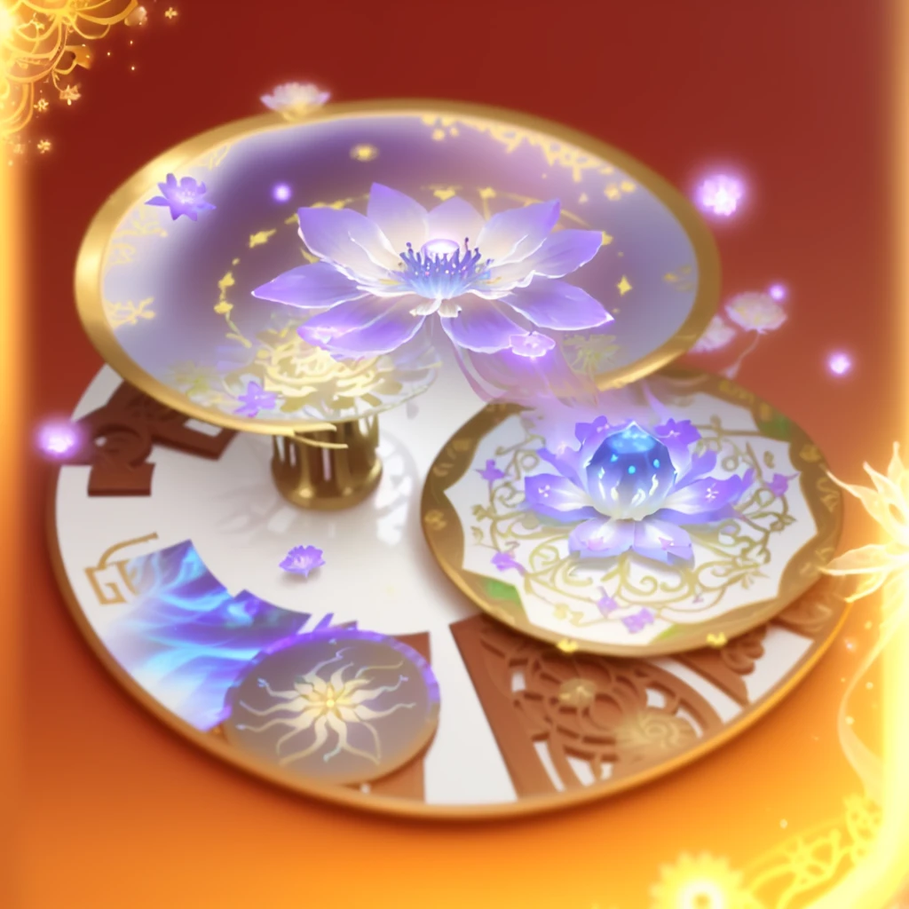 There is a picture of a plate,There is a flower on it, Has a blooming and ethereal effect, Rotating glowing marine plants, Magic spell icon, jellyfish elements, Capability Image, ethereal essence, Fantasy game spell symbols, Victorian Era,jellyfish elements, Fantasy game spell icons, Stylized art, Fantasy magic vegetation, World of Warcraft Spell Icons, Fractal fungi, Mysterious vortex