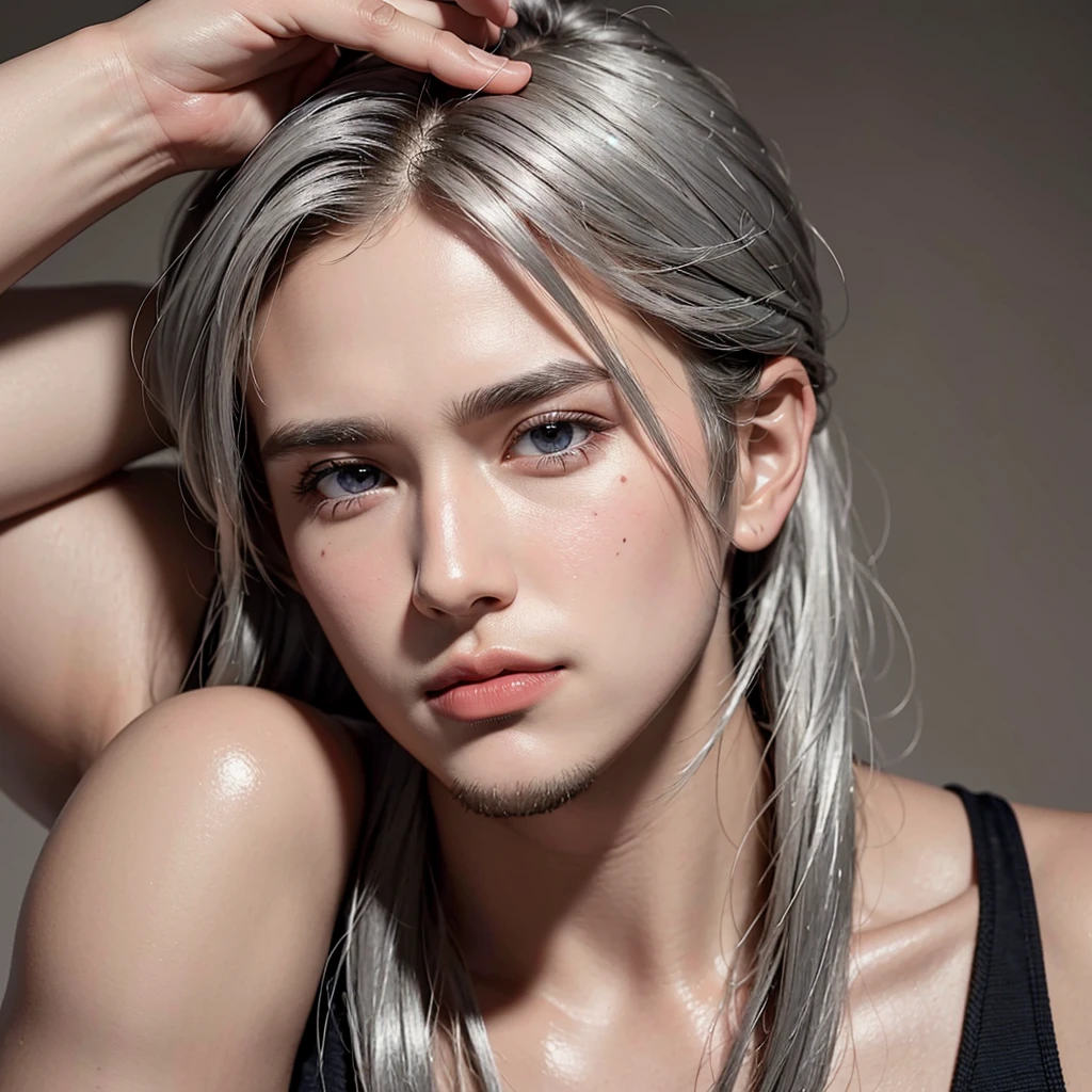In the bustling and bustling future city, there is an adult man lying in a dark and dirty corner on a damp and filthy concrete floor. The man is very handsome, with fair, almost translucent skin that gleams in the back lighting, revealing very realistic skin particles and pores. He has a lean, toned figure, and his long, silver hair is messy yet realistically textured, each strand reflecting the dim light. His beautifully detailed eyes, with irises that seem to change color in the shadow, gaze intently at something in the distance. The corners of the city behind him are blurred and indistinct in the dim light, adding to the sense of mystery and intrigue surrounding