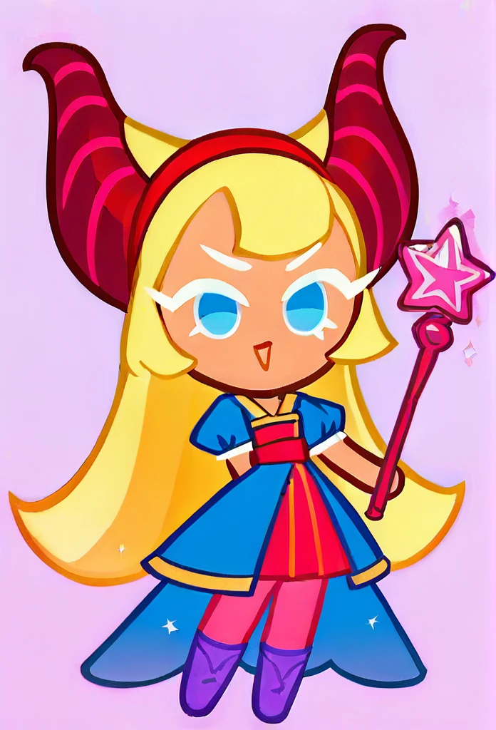 chibi, full body, CookieRun, 1girl, yellow hair, long hair, blue eyes, red headband with small horns, blue dress, pink tights, purple boots, magic wand in hands