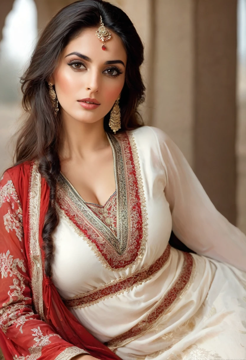 beautiful Afghan woman, dressed in a traditional red and white Kameez, extremely fitted, with a large neckline that shows off her voluminous breasts; The Kameez reveals the woman's large nipples; very fitted dress that marks the woman's underwear; masterpiece, fine details on the woman's face, sensual and seductive look, sensual and seductive pose; masterpiece, intrinsic details, erotic pose; adult content; cinematographic image, masterpiece, high definition, fine details in shapes and colors