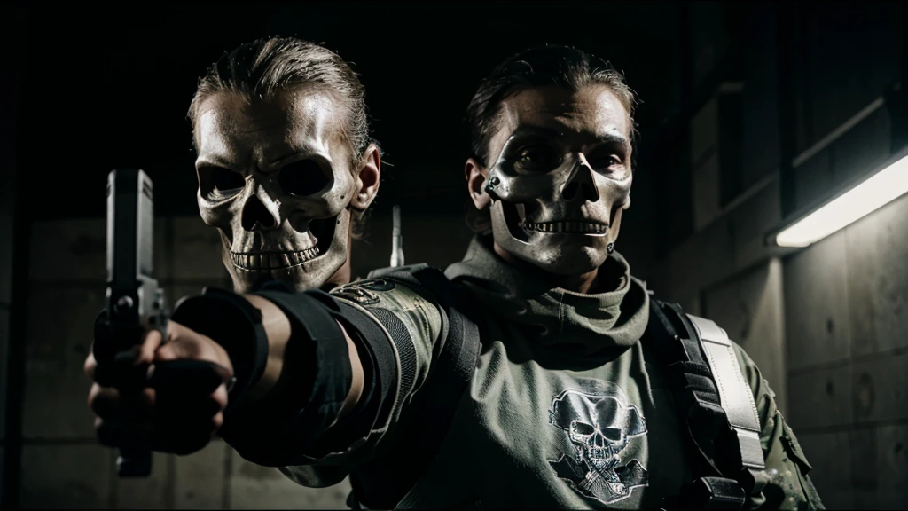 special forces soldier, wearing silver with skull, armed with rifle, masked, pointing gun at screen, ultra realistic
