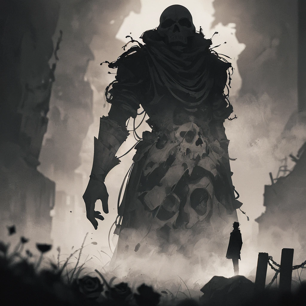 1 men standing behind, (silhouette:1.3), blackwork, painful, creepy, sheet, roses, skull, abstract, ambient lighting, (blurred background, blurred foreground, Depth of field:1.3), Swirling fog, Rainbow fog, traditional texture, dripping
