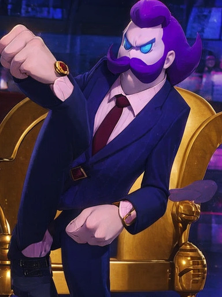 Full view of a haltmann, angry look, purple hair, purple mustache, rond body, arms and hands, dressed in a dark blue suit with pink vertical lining, pink shirt, red tie, hands, black shoes, cufflink on the arm, gold suit button with a red diamond, pale purple skin , blue eyes, golden earpiece with antenna