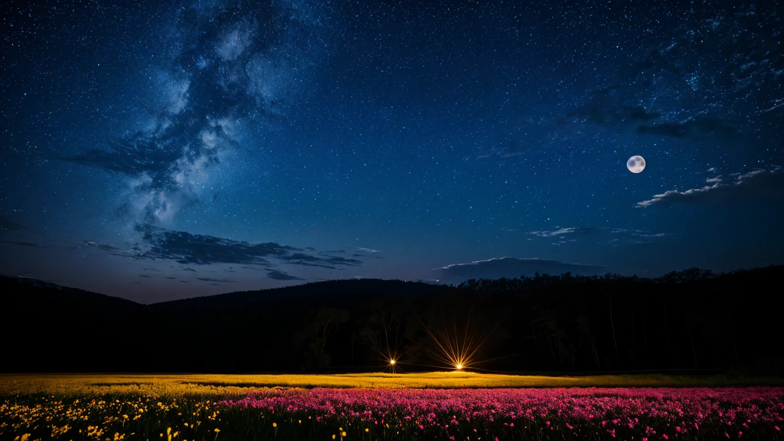 川と山のある風景を描いた星Moonlit Night画,   Starry Skyの夜,  Night view, Moonlit Night, Twinkling distant stars, Natural scenery at night, moonlight, Moonlit Nightscape, Stars shining in the distance, Starry Sky, Mystical Night、full moon,Flower Field