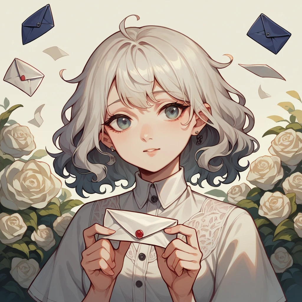 A white woman with long, black, wavy hair and short bangs. She creates custom invitations and stationery for weddings. She offers this service to couples who want a personalized wedding. She is holding and showing different models of invitations, envelopes and wedding related things.